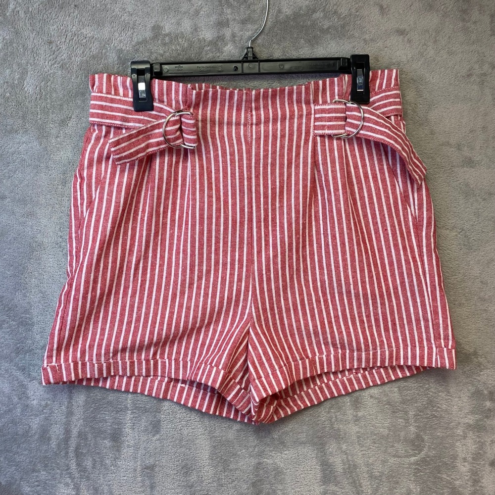 Ci Sono Red White Striped Paperbag Waist Shorts Size Large Cuffed Belted Summer - Picture 1 of 6